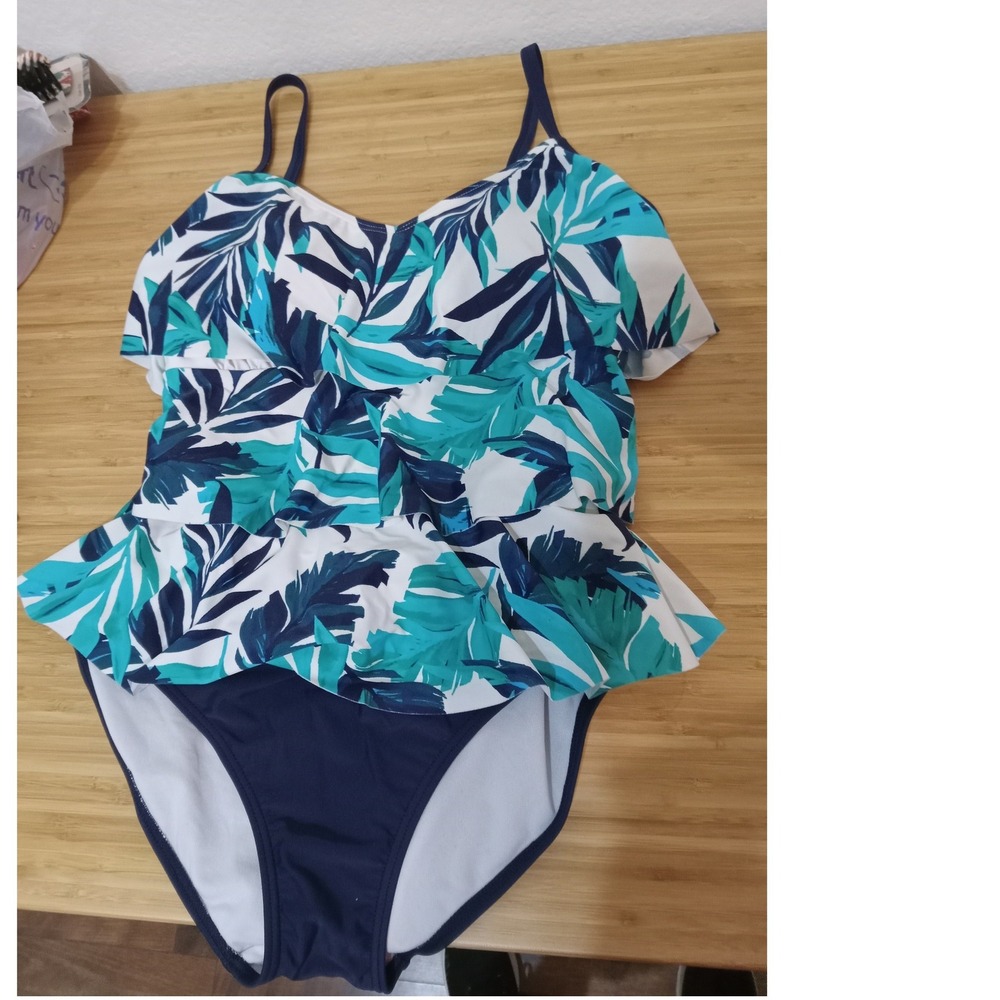 Wowease Missy Tropical Palm Print Ruffle Swimsuit Navy TealWhite 8 Unsnap Bottom